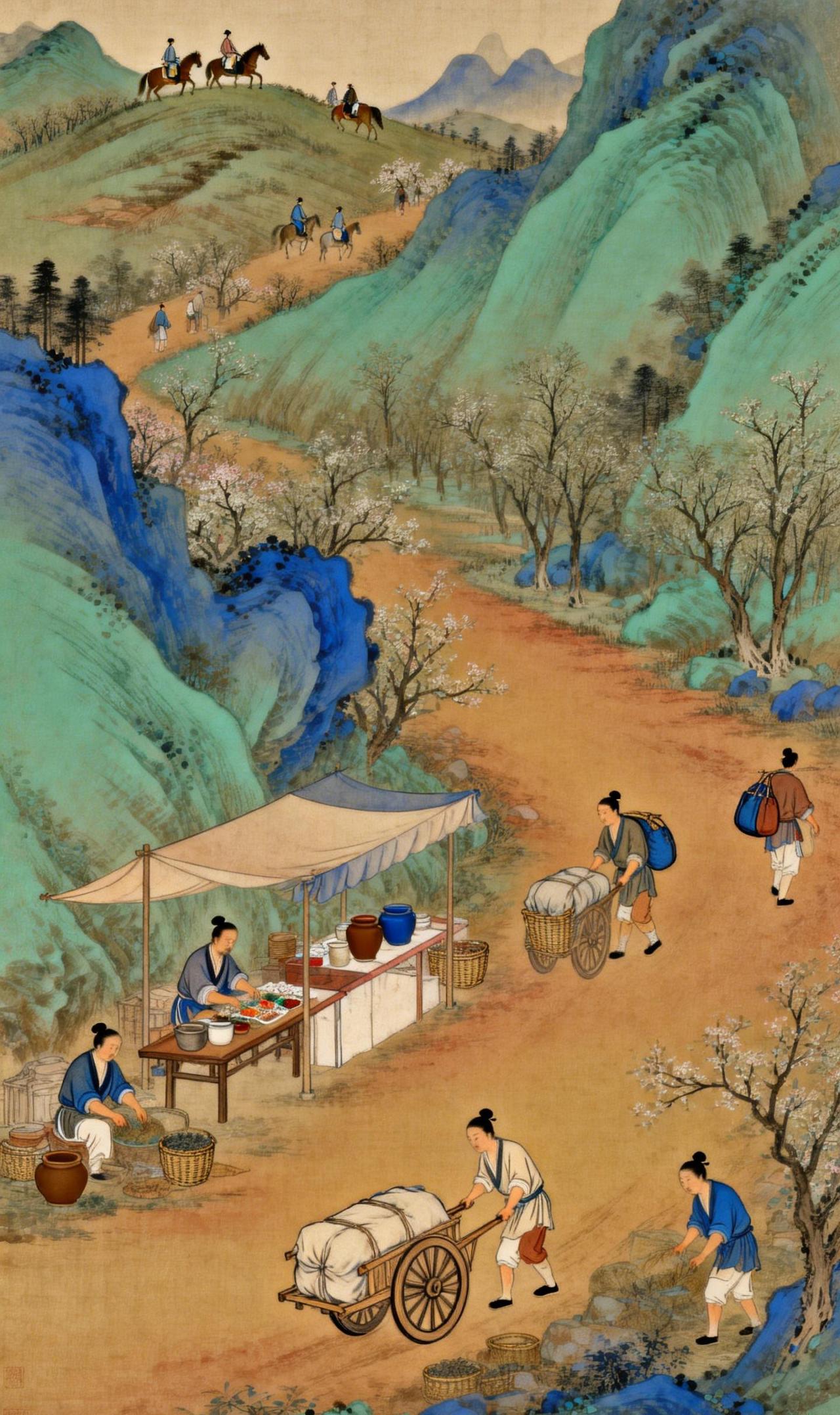 春日至，江南市井闲适图
春日的江南郊野，青绿山水间蜿蜒着一条土黄色的驿道。道旁，