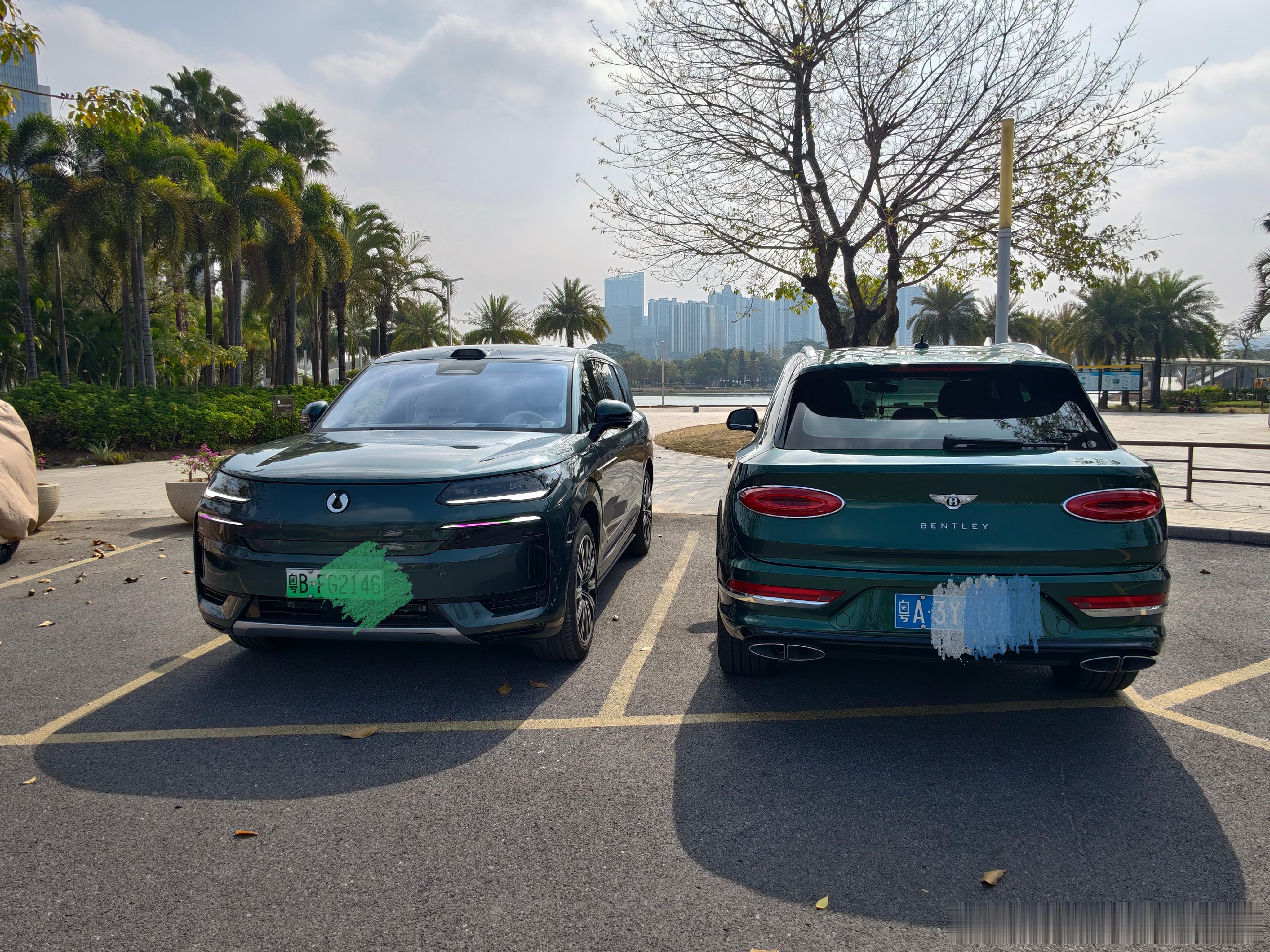 今天依旧好天气，在大太阳下，腾势N9和宾利添越放在一起，还是宾利的绿色更好看，更