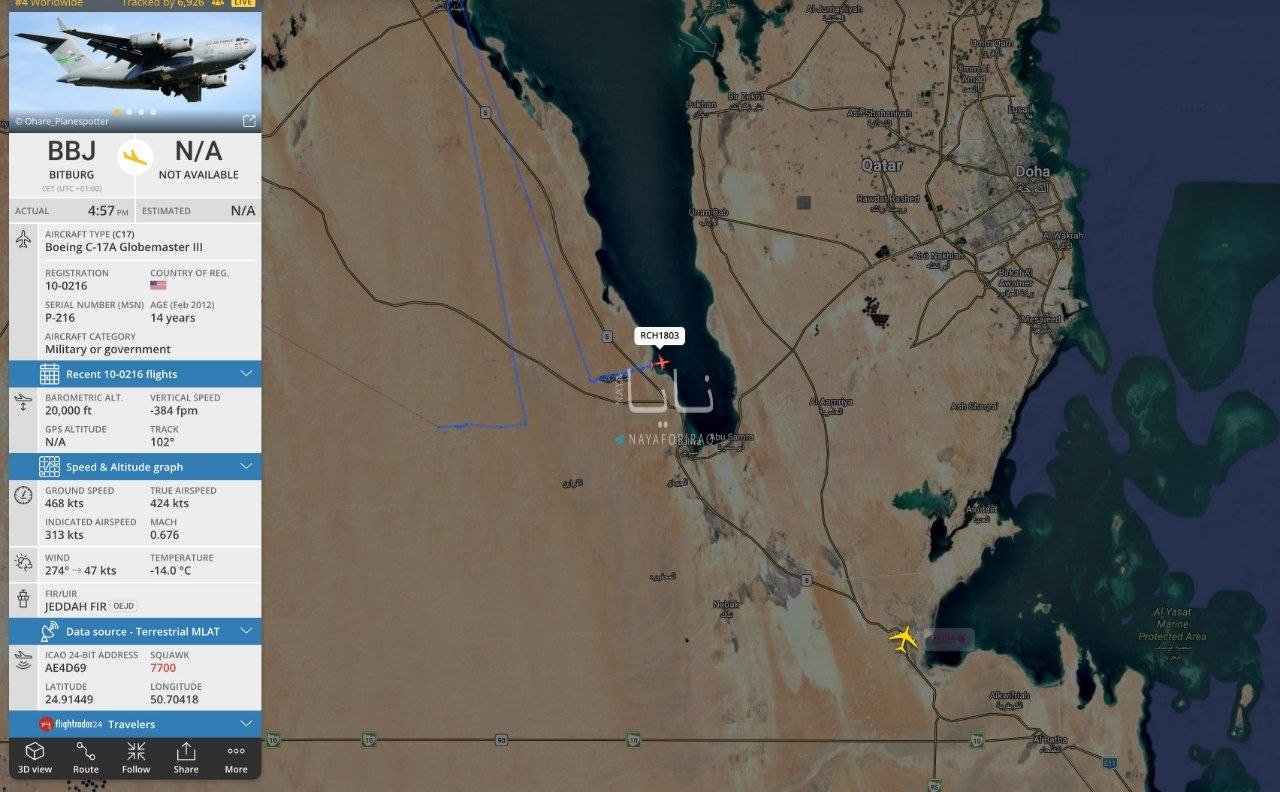 🔻F24数据显示：在卡塔尔附近飞行的一架美国 C-17 军用运输机挂出 770