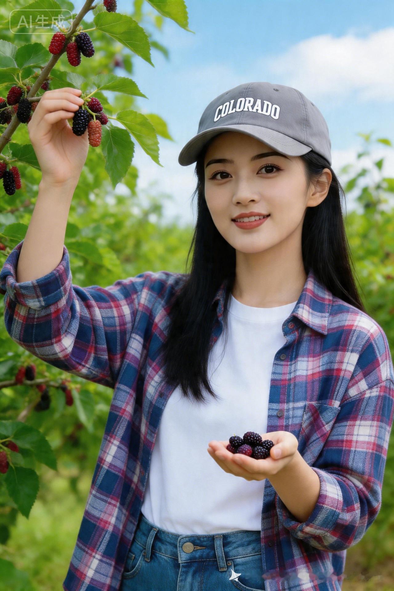 黑直发少女戴字母棒球帽，格纹衬衫搭简约穿搭，林间采摘桑葚，掌心捧果温柔浅笑，桑林