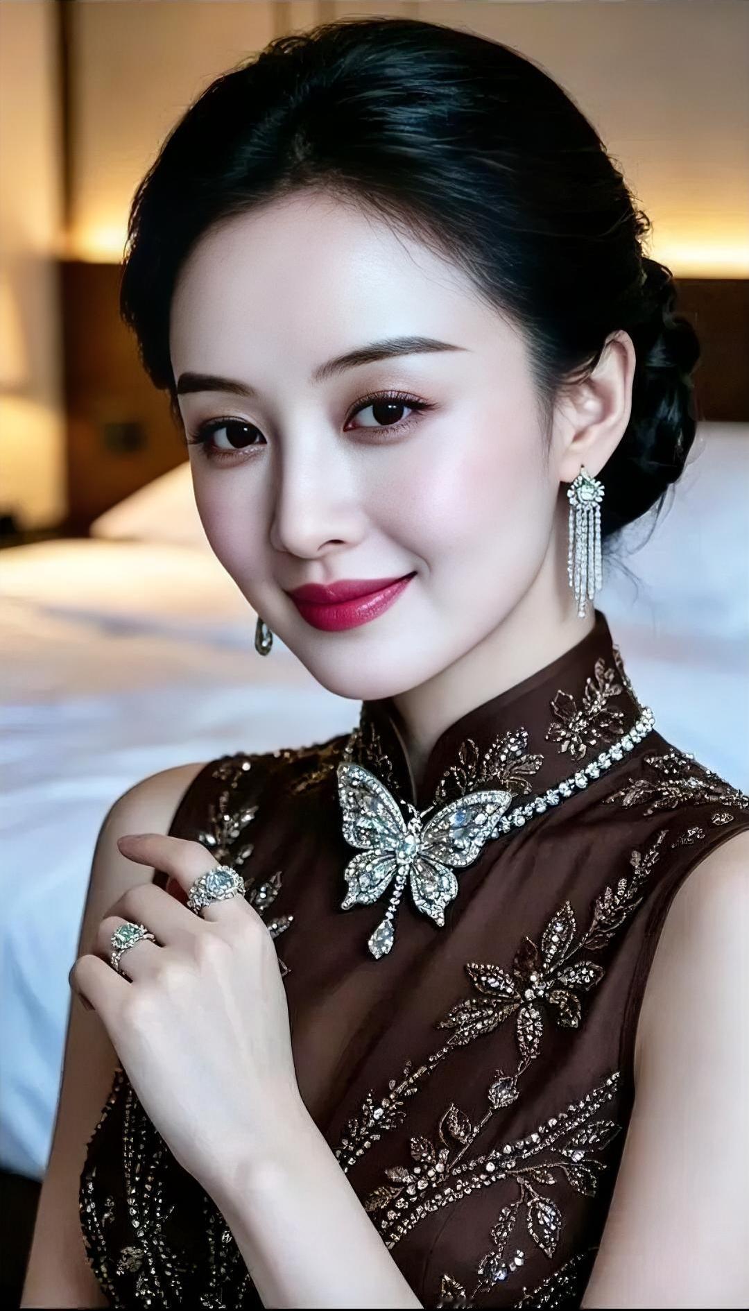 旗袍绣着旧时光

蝴蝶停在领口上

珠光轻轻晃

笑意藏进暖黄

发髻挽得妥帖