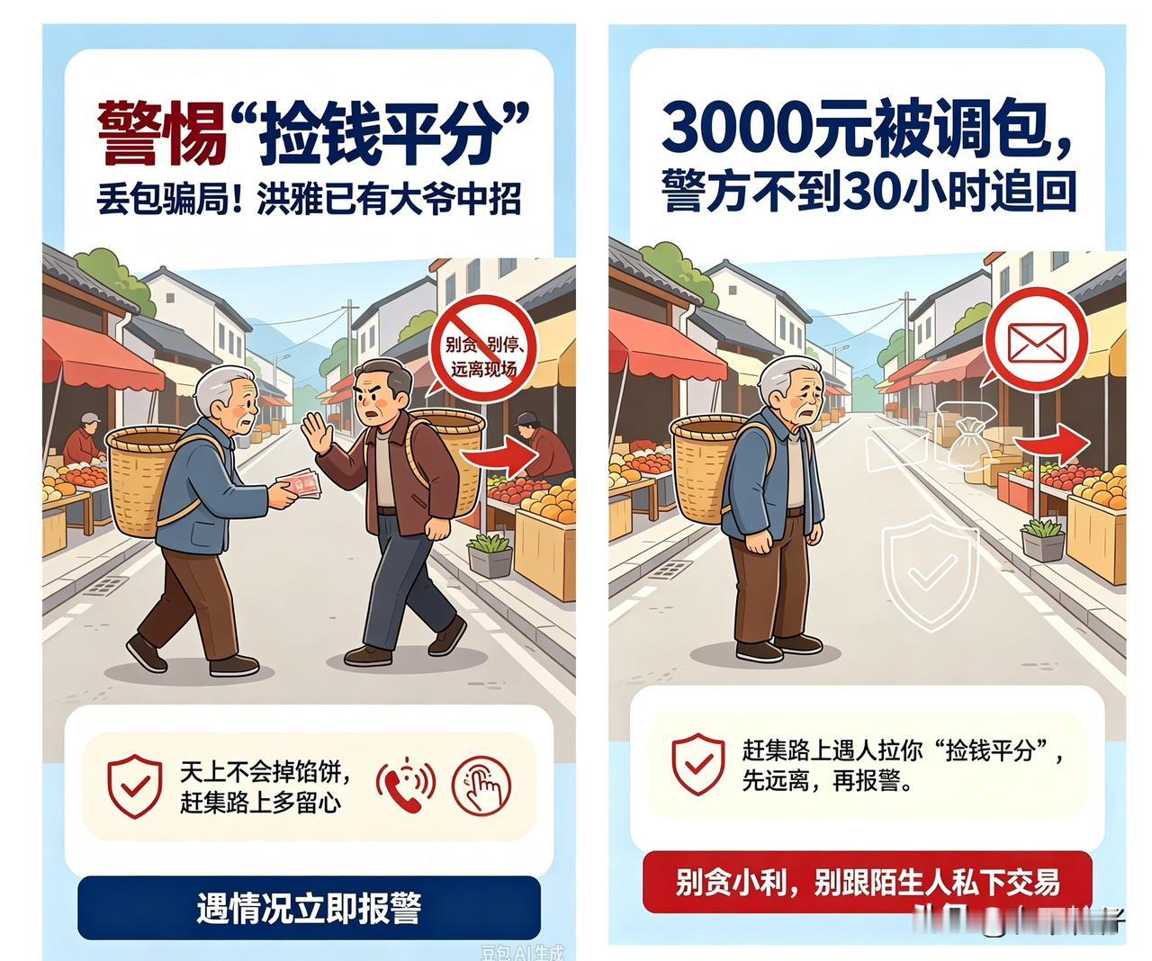🔥 警惕！洪雅大爷赶集遇“捡钱平分”骗局，3000元被调包成冥币！

洪雅一位