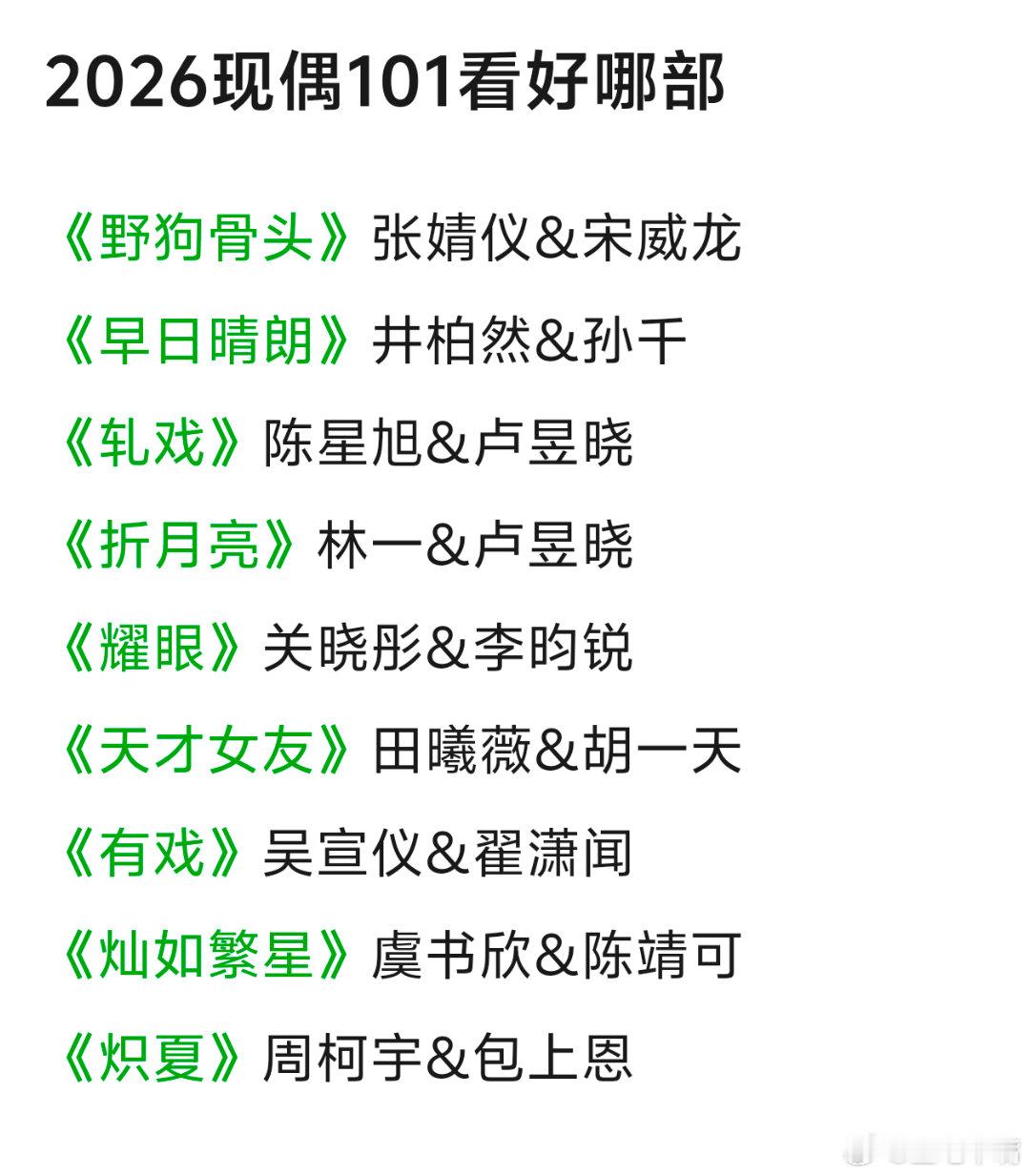 2026现偶101看好哪部啊？看看能不能爆一个顶流出来？