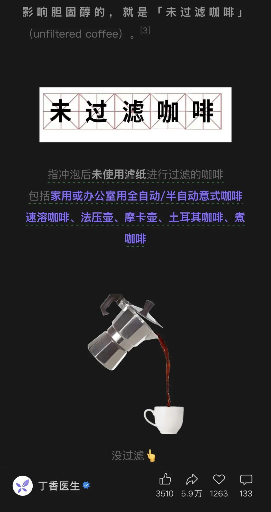 近期丁香医生发文指出，未过滤咖啡可能升高胆固醇，该结论获多项权威研究验证。对于消