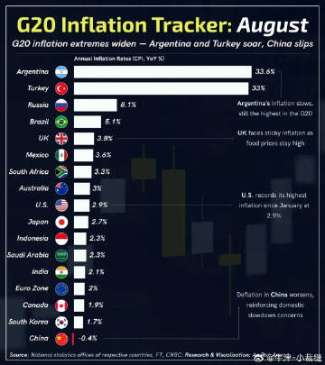 2025年8月，G20经济体CPI数据一览。阿根廷和土耳其堪称恐怖。