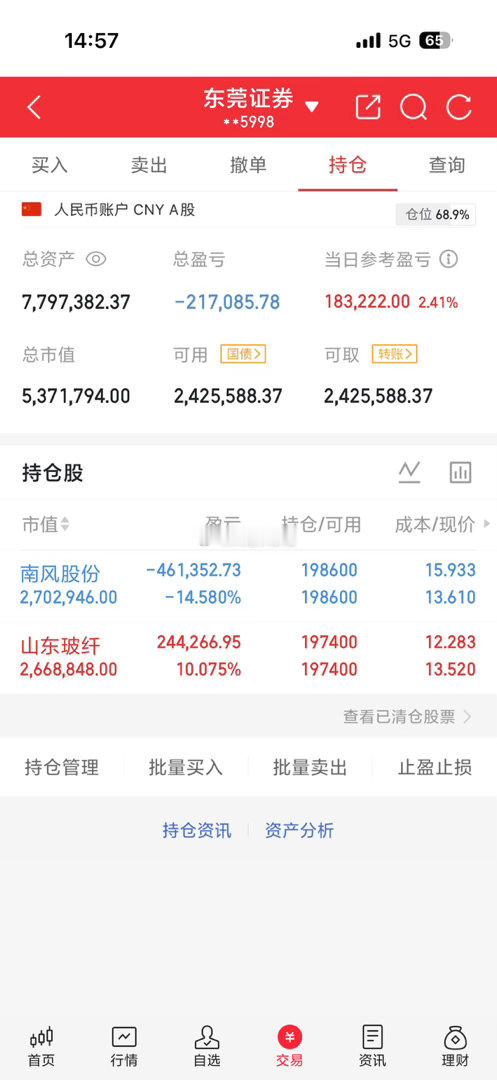 持仓两只票，今天上演极致分化：山东玻纤吃了一口大肉，浮盈直接冲上10%；南风股份