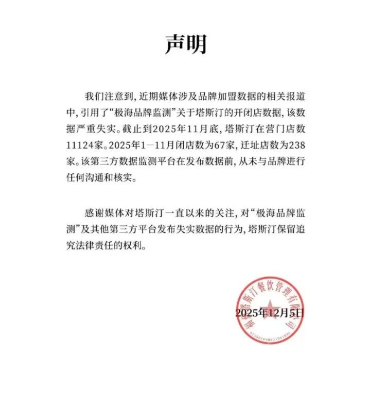 塔斯汀发布官方声明：第三方平台开闭店数据失实