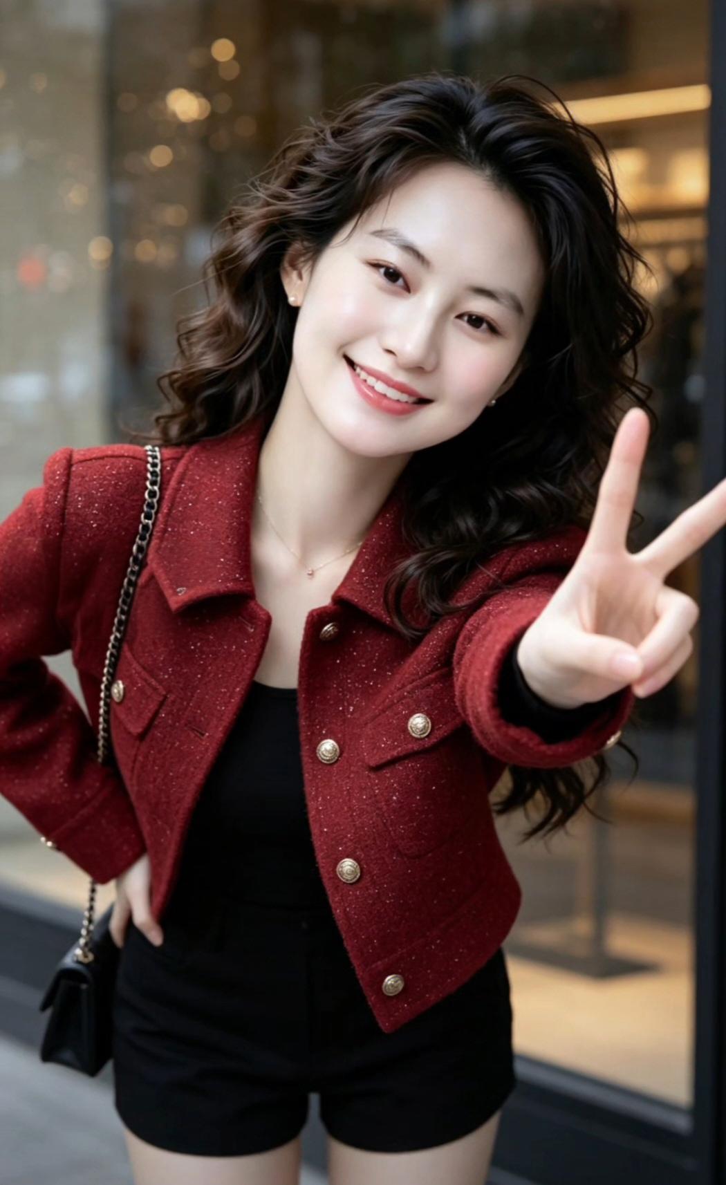 这位女士在比“V”手势，看起来很开心。