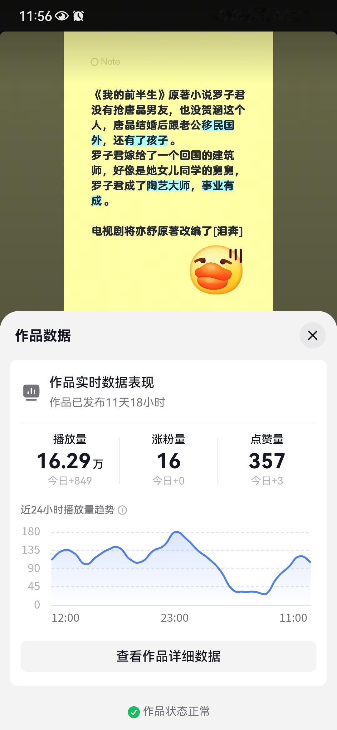 我10天前在抖音上随手发了一条亦舒原著《我的前半生》大结局，没想到播放量这么好。