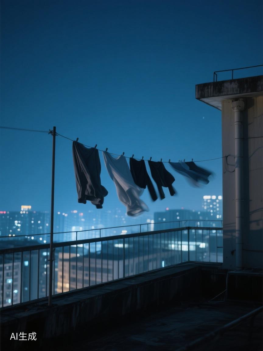 夜空中，
衣物在风中轻舞，
似人生在城市微光里飘摇，
有自由也有沉思。
AI妙生