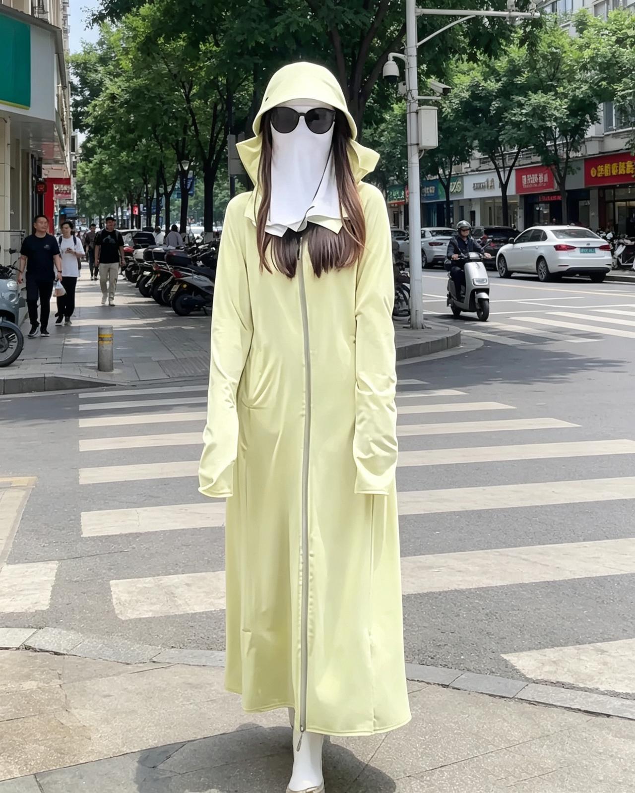 昨天，在街上见一“全副武装”的女人——帽子、面罩、防晒衣、墨镜全套拉满，从头到脚