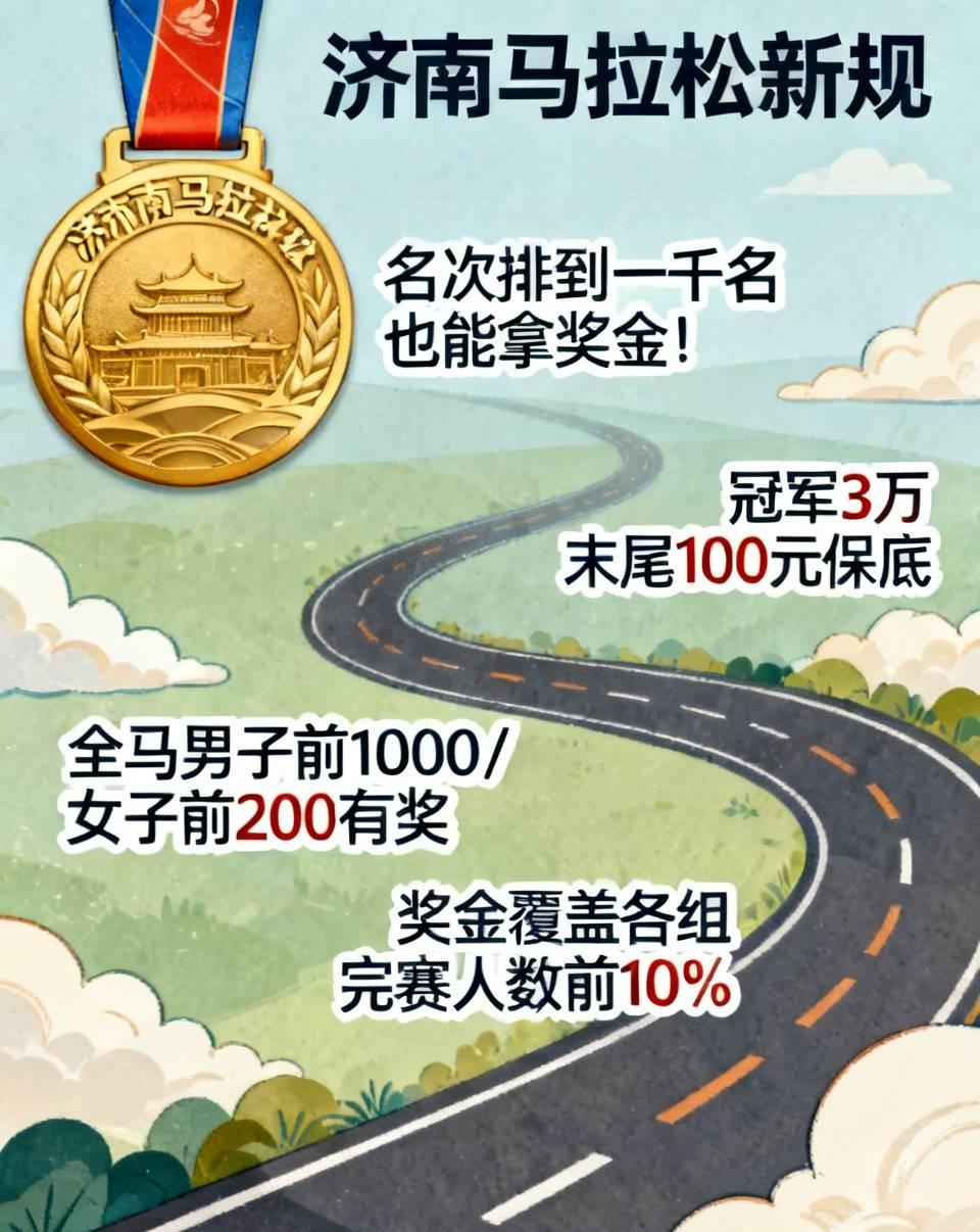 济南马拉松新规火了，名次排到一千名也能拿奖金！
奖金覆盖各组完赛人数前10%，按