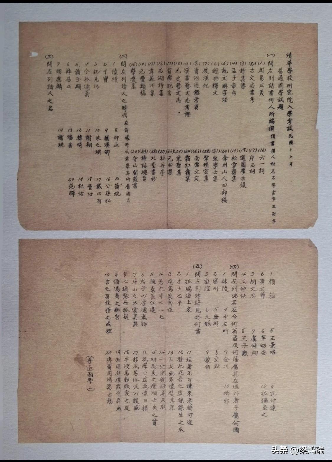 附图为1928年清华学校研究院入学考试“普通国学”科目的试题内容，属于民国时期中