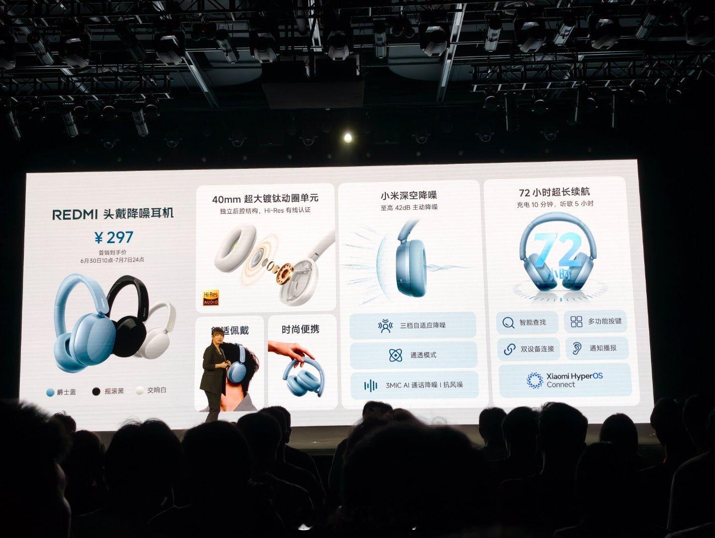 REDMI首款头戴降噪耳机来了！有爵士蓝、摇滚黑、交响白三色可选；40mm镀钛动