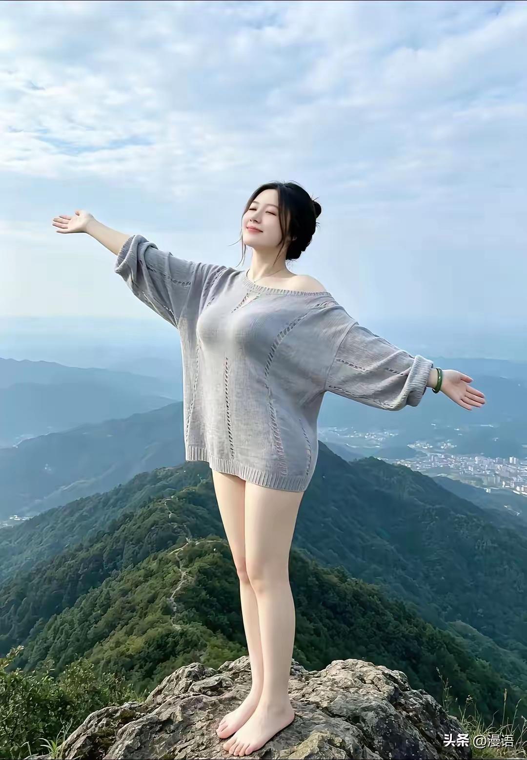 一位美站在山顶，张开她那大双臂，享受着大自然的美。