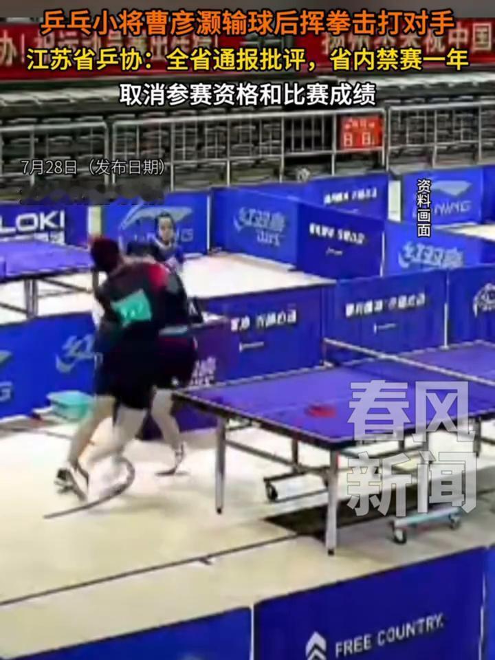 乒乓小将曹彦灏输球后挥拳击打对手。
江苏省兵协：全省通报批评，省内禁赛一年，取消