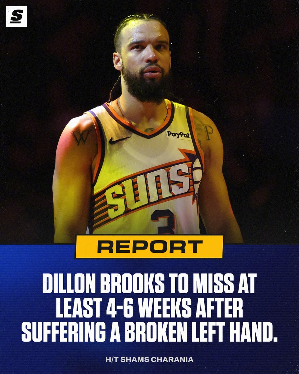 名记Shams报道，狄龙左手骨折，他的恢复时间预计为4-6周！ 