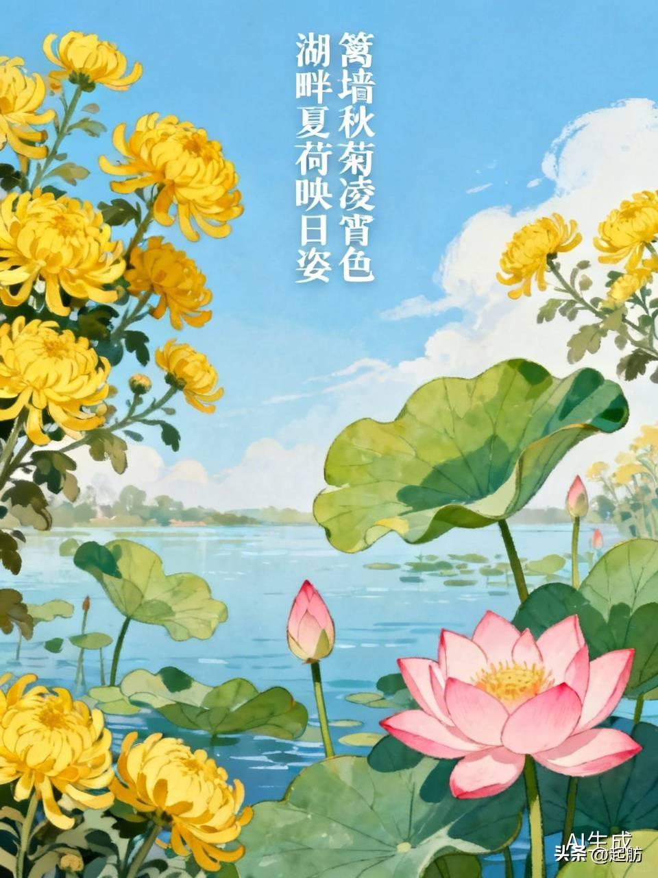 上联：篱墙秋菊凌宵色，求下联湖畔夏荷映日姿