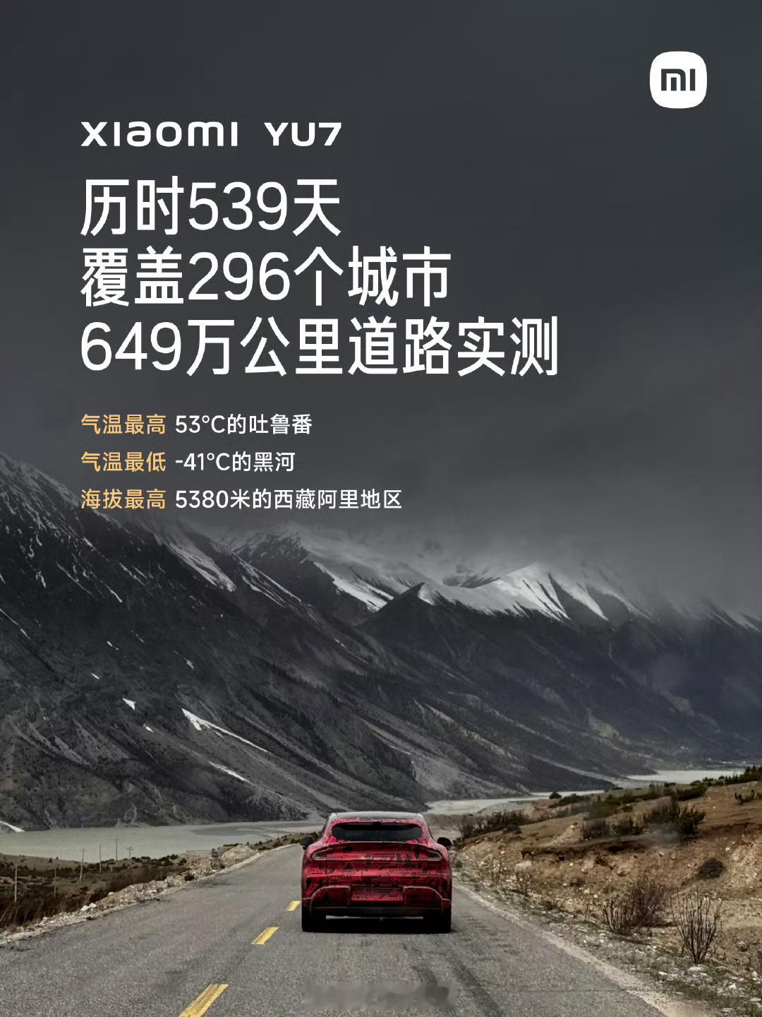 小米 YU7 道路实测已完成 649 万公里，覆盖全国 296 个城市。小米yu