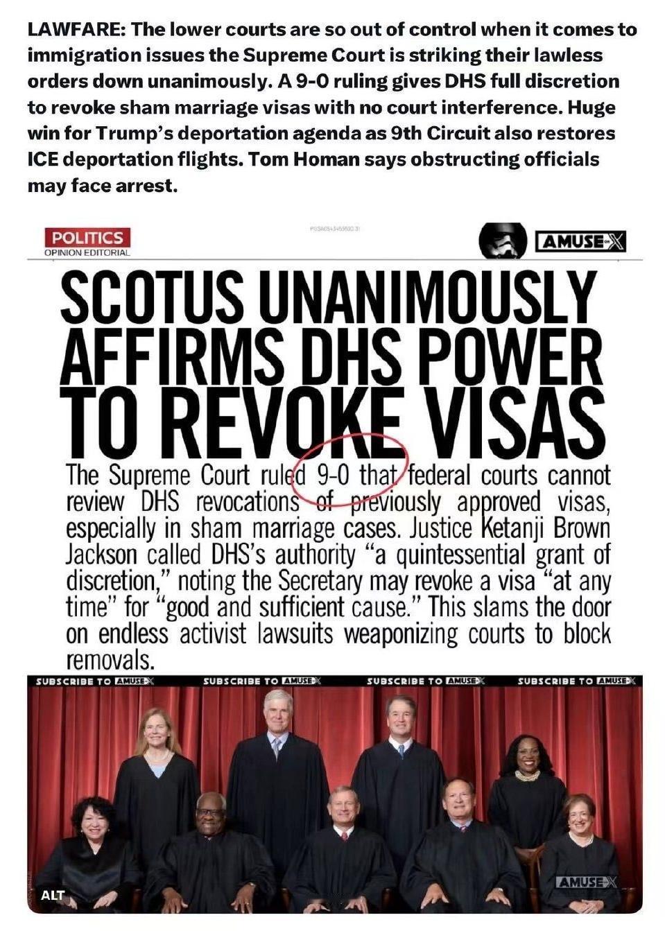 美最高法院一致裁定国土安全部有权撤销签证！

最高法院以9票全票通过裁决，联邦法