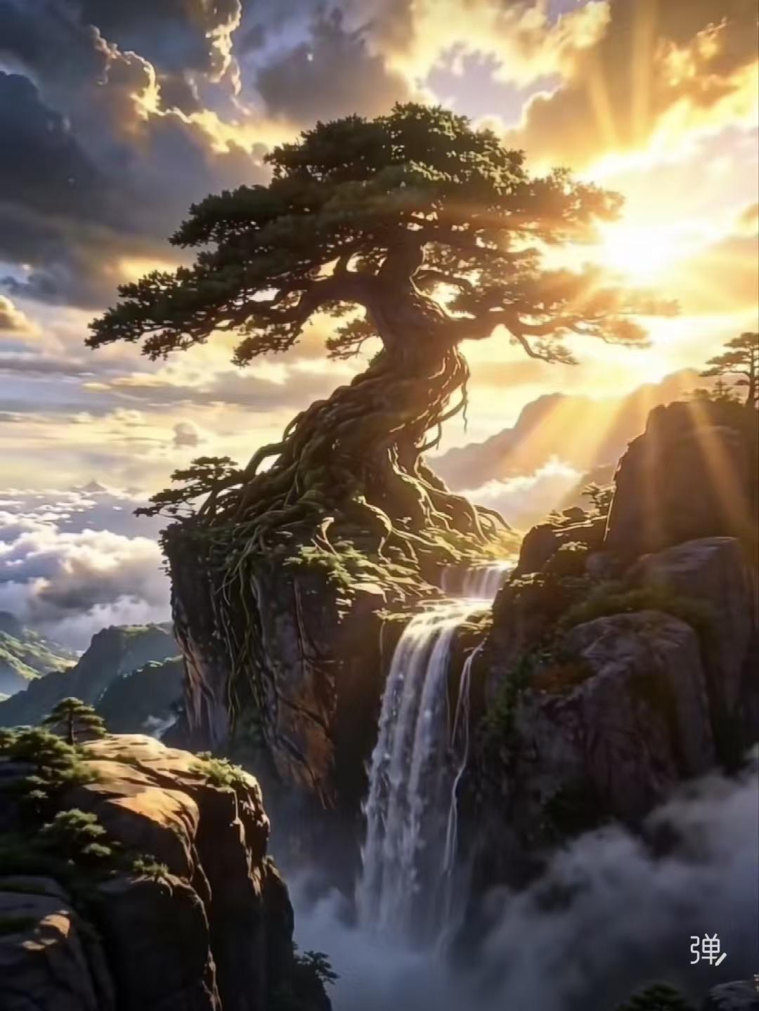 孤松
绝壁孤松傲立姿，
笑观云卷与风驰。
斜阳漫染虬髯翠，
一任山涛卷碧丝。