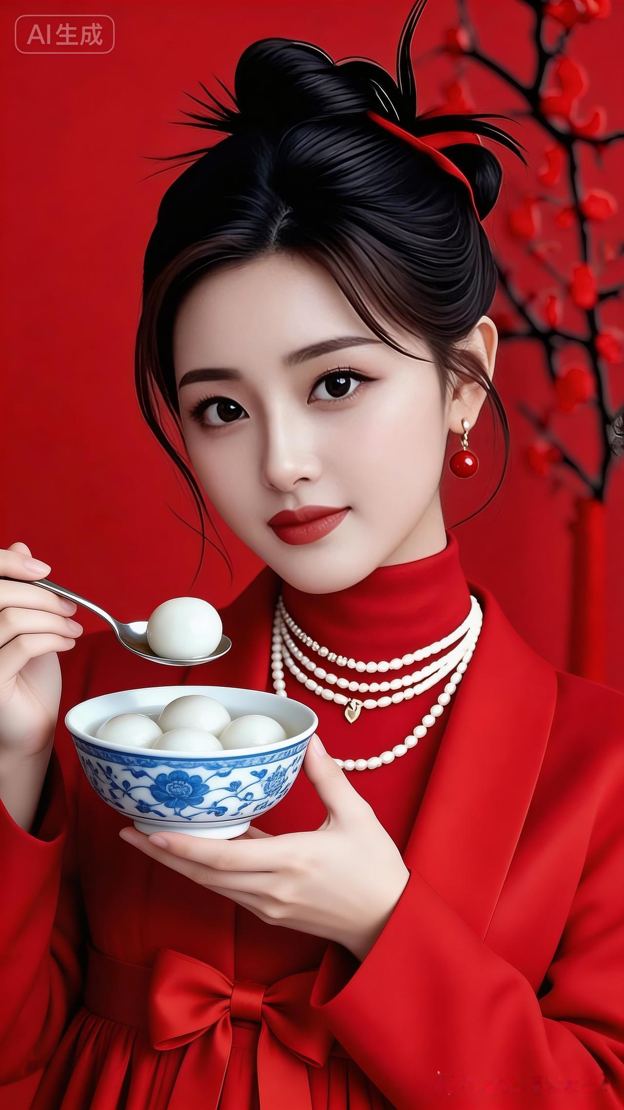 年轻女子发髻盘起，红蝴蝶结灵动俏皮，耳坠精致。身着红色节日盛装，裙间蝴蝶结点缀。