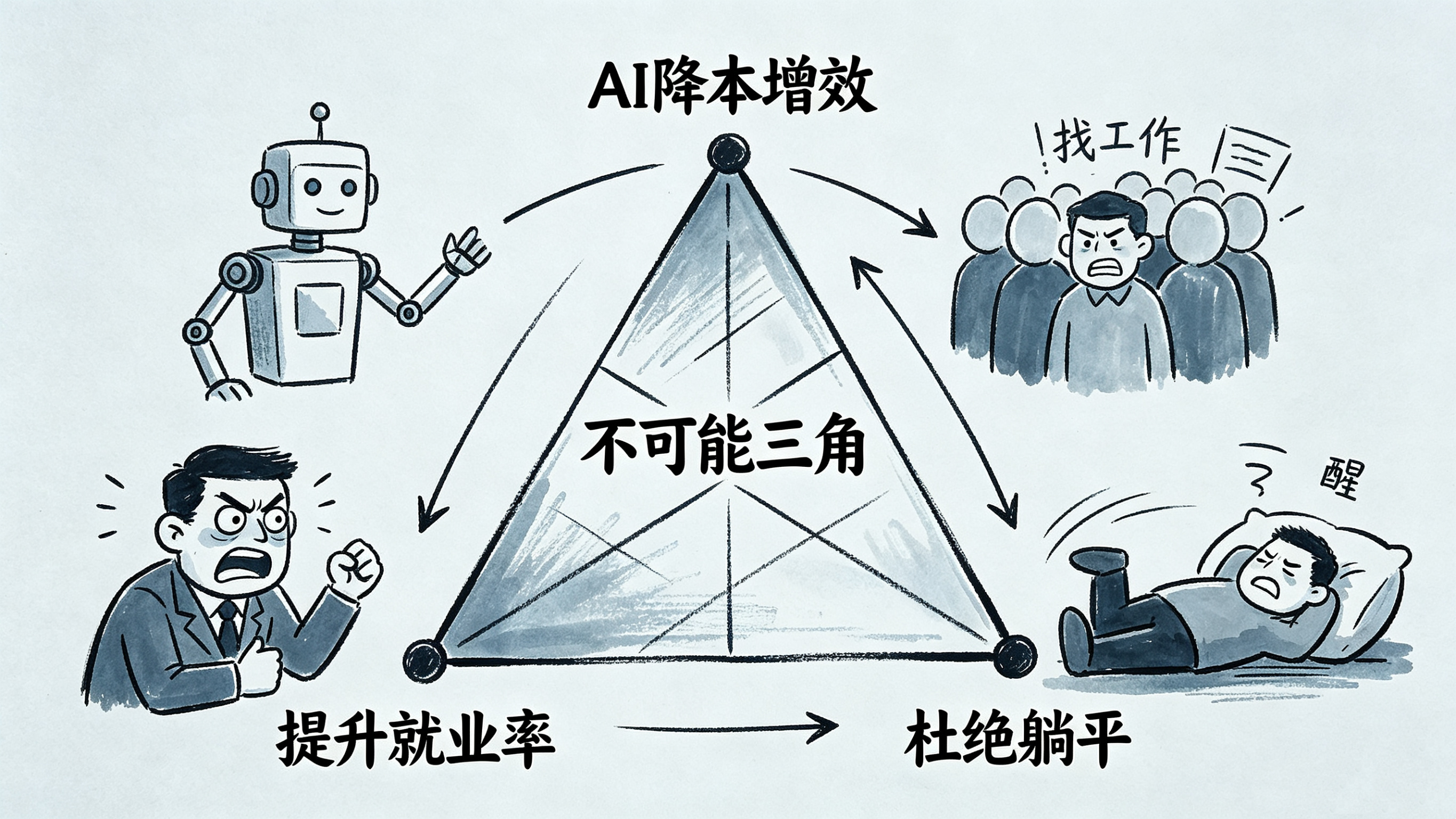 Ai降本增效、提升就业率和杜绝躺平，是不可能三角。如果非说有一种可能，就是人人都