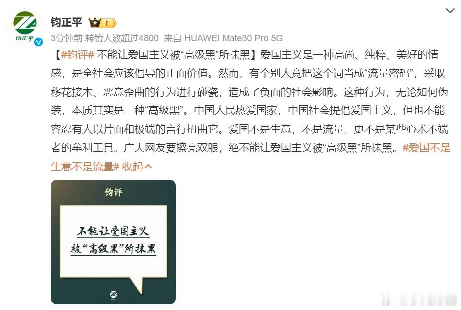 #爱国不是生意不是流量# 钧正平：不能让爱国主义被“高级黑”所抹黑 爱国主义是一