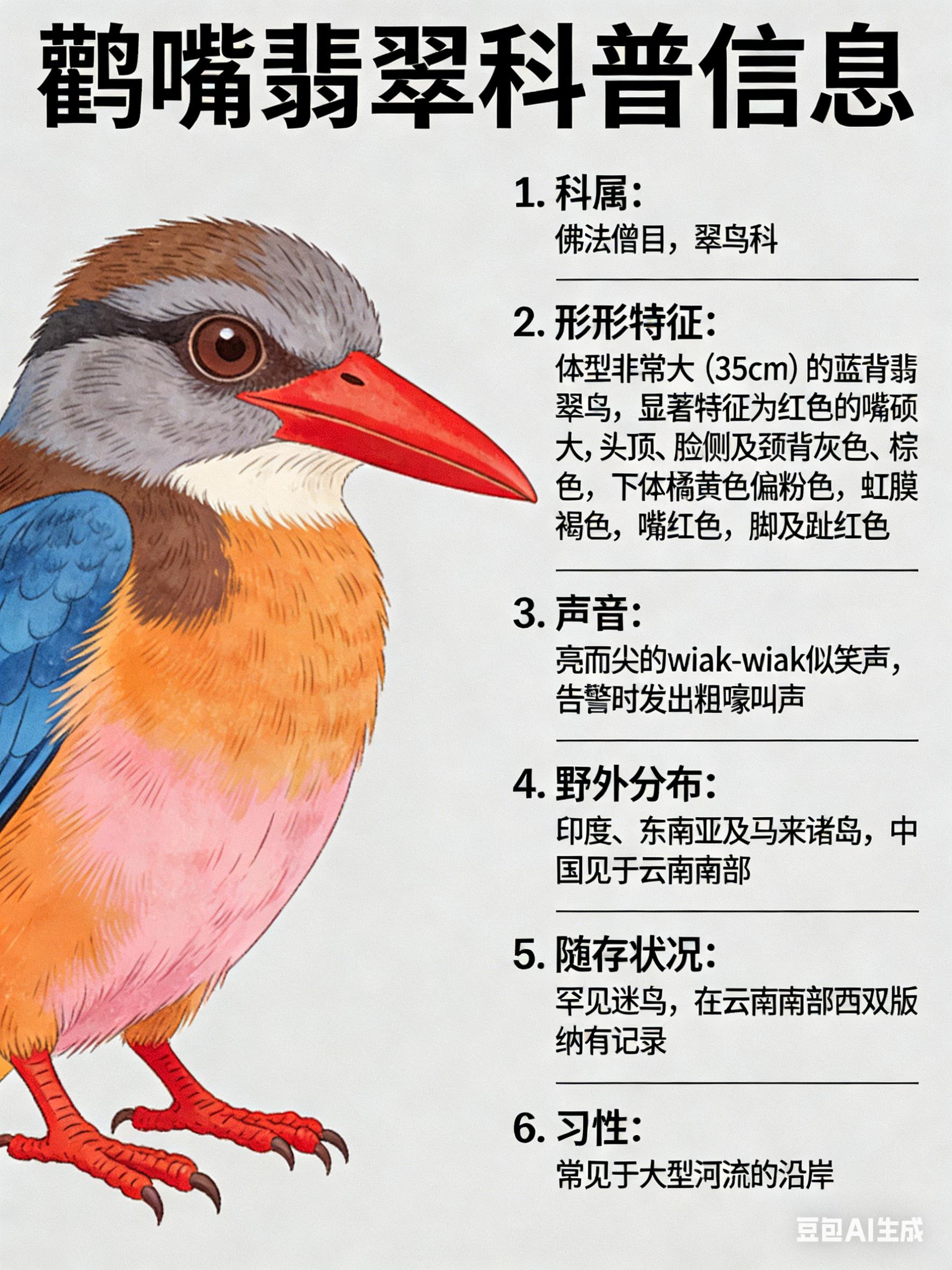 鸟类朋友图鉴 鹳嘴翡翠·科属：佛法僧目，翠鸟科。·外形特征：体型非常大（35cm