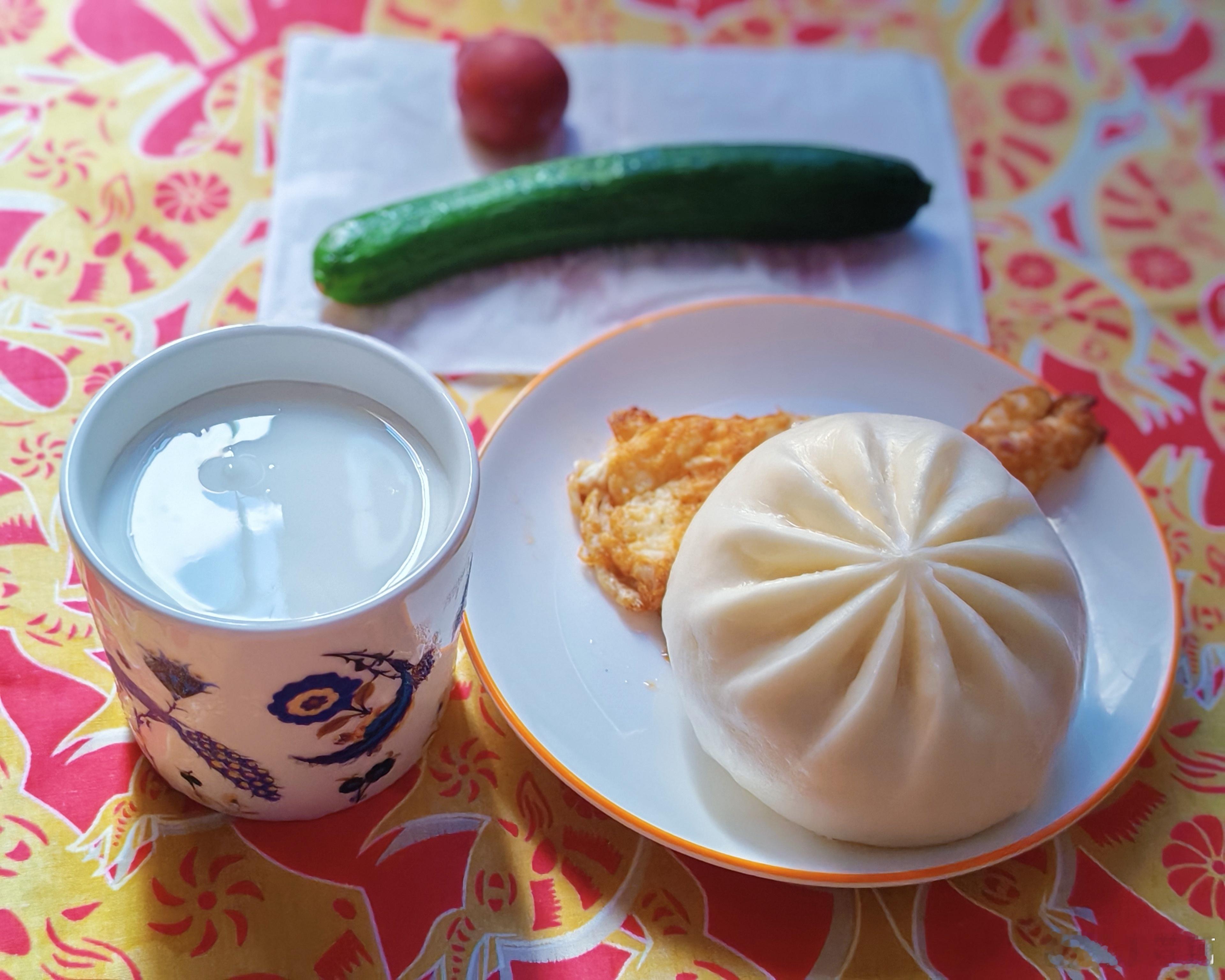 早上起来在阳台梳头，看着前面这棵大树，时不时有鸟儿飞过。今天的早餐是煎蛋、香菇菜