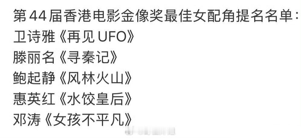 金像奖最佳女配提名出了卫诗雅 （再见UFO）滕丽名 （寻秦记）鲍起静 （风林火山