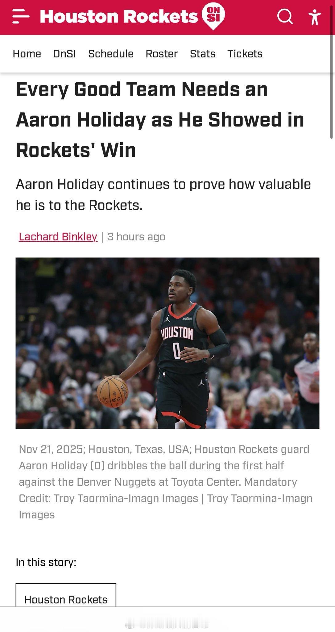 火箭记者Lachard Binkley：每个争冠球队都需要像阿隆-霍勒迪这样的球