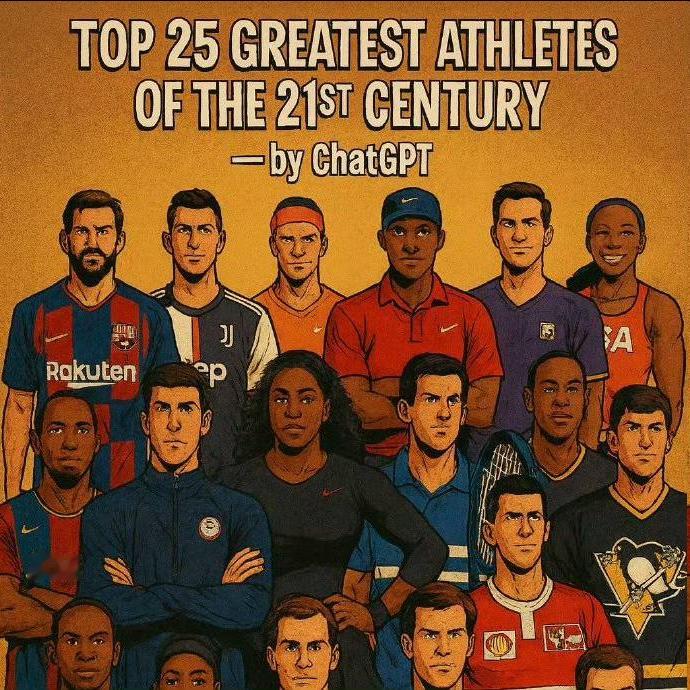 ChatGPT 评选出 21 世纪体坛最伟大的 25 名运动员，这个前十名名单你