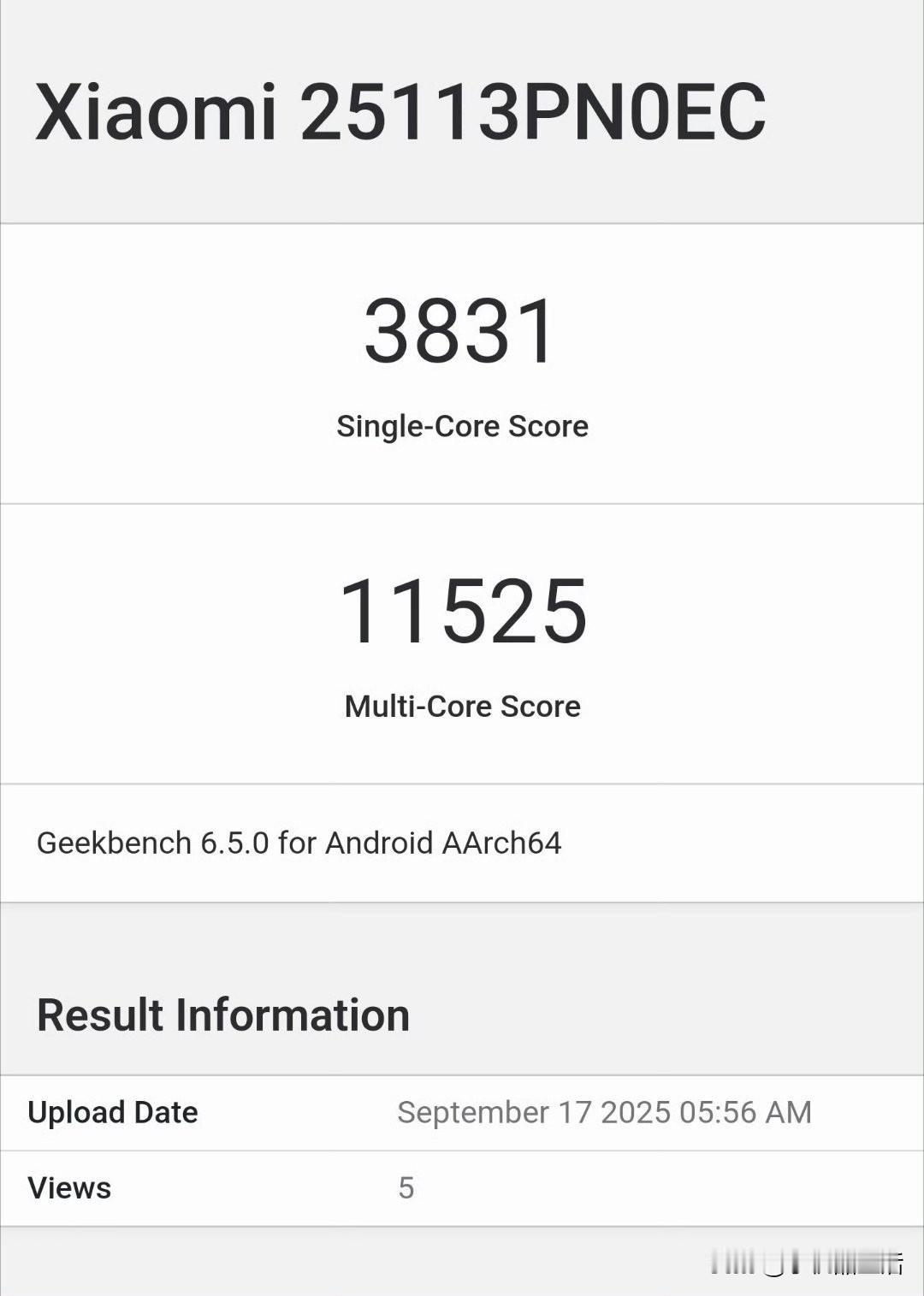 疑似小米17跑分出炉:单核3831、多核11525

近日，有数码博主爆料称，疑