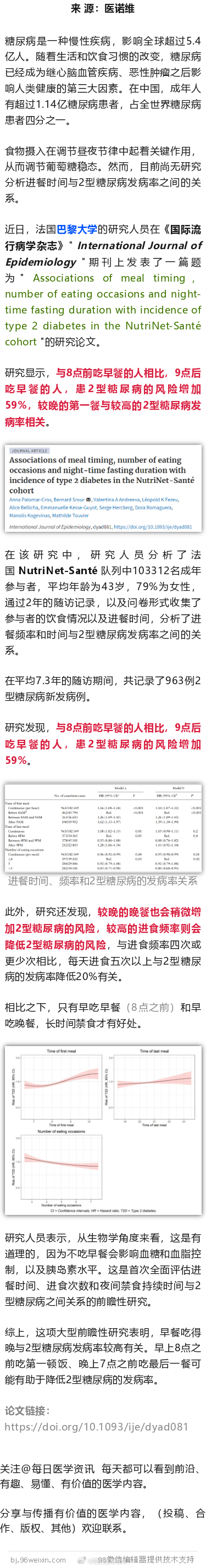 超10万人研究，早餐提早一个小时，糖尿病风险或降低59%近日，法国巴黎大学的研究