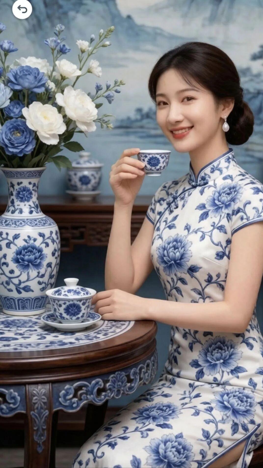 优雅的蓝白旗袍，精美的青花瓷，品味生活的艺术之美~