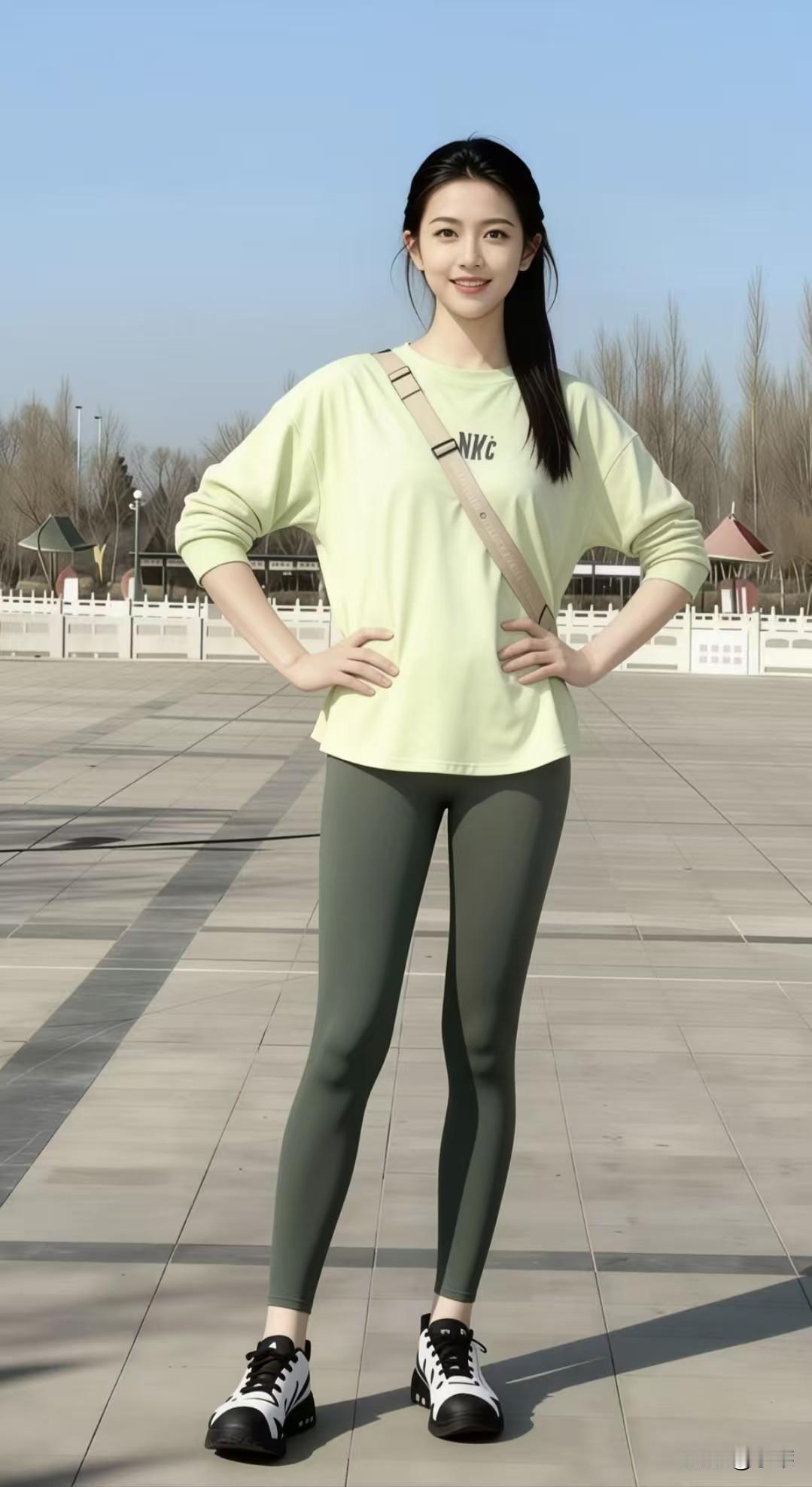 🌞 春日街头的清爽元气感街拍
 
浅绿卫衣裹着松弛的暖意，橄榄绿legging