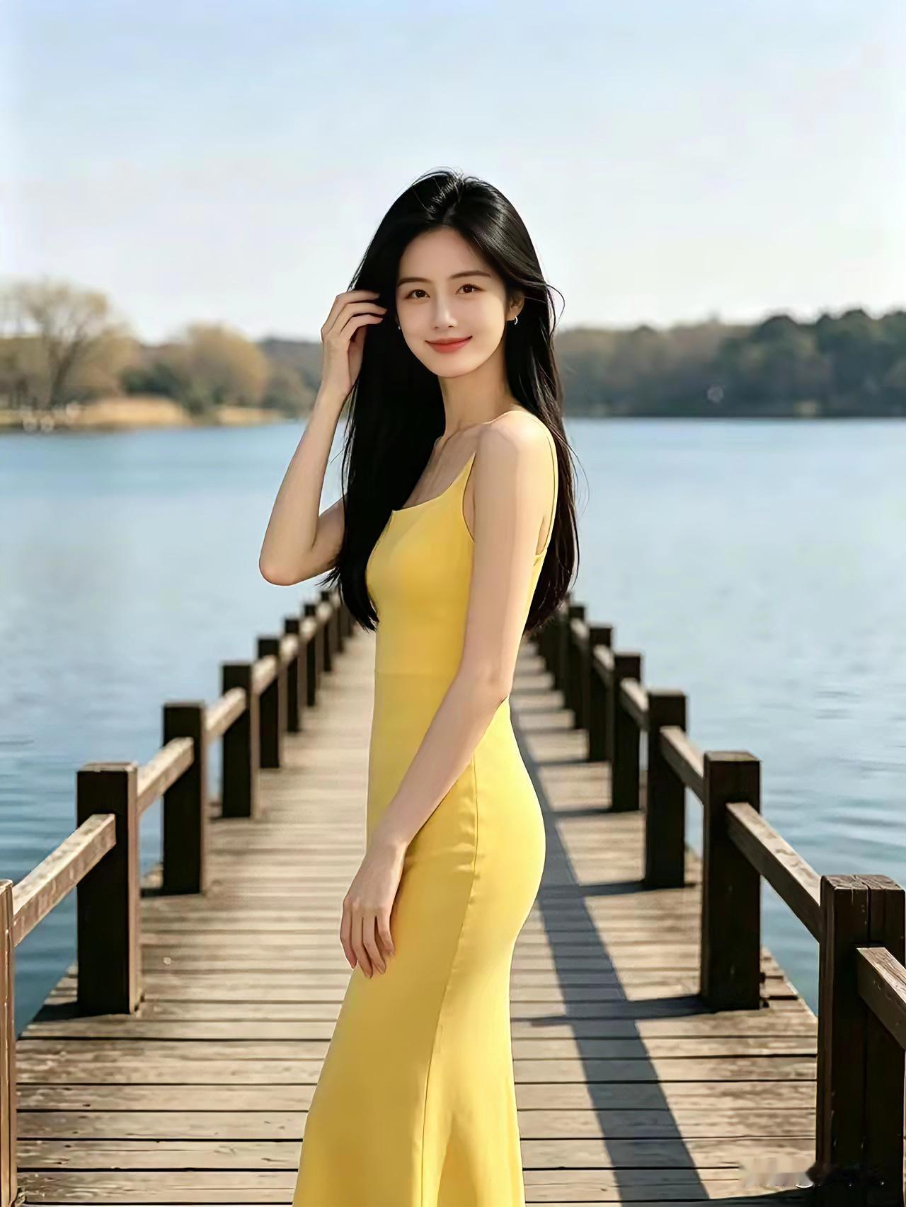 湖桥倩影
一湖碧水映穹苍，
木桥迢递向远方。
长发飘飘随风荡，
黄裙明艳著新妆。