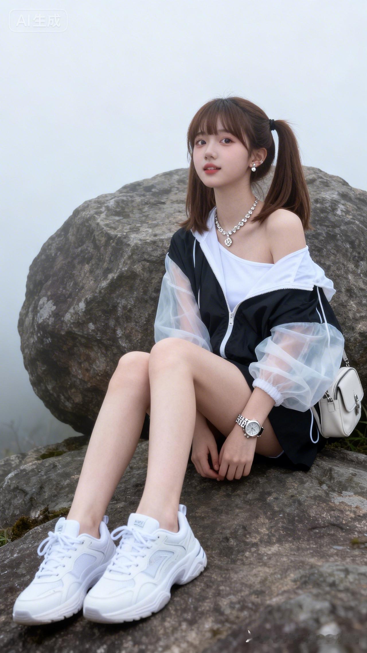 一个女孩坐在石头上，穿着休闲鞋。