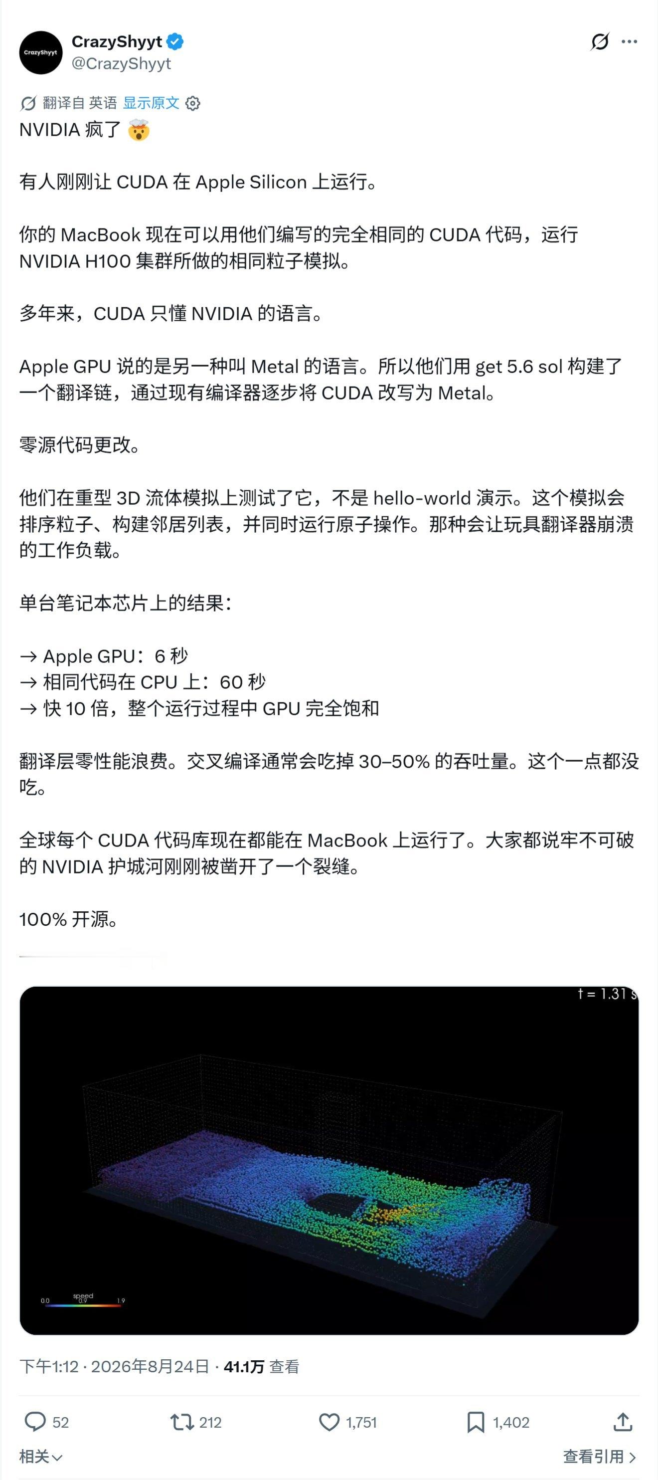 NVIDIA 疯了 🤯有人刚刚让 CUDA 在 Apple Silicon 上