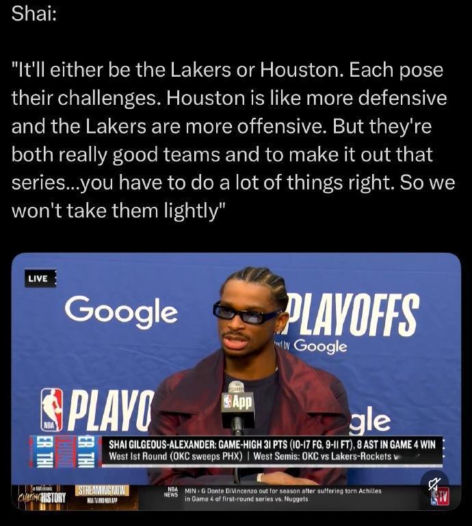 给面子！亚历山大评价湖人、火箭：

“火箭偏防守，湖人偏进攻。”

“两队都各有