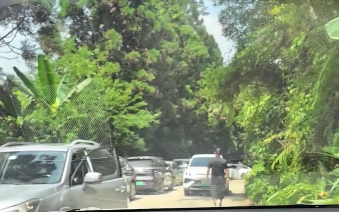 7月26日，网友反映：玉林高温天气某景区游客爆满道路出现堵车。马路边上都是乱停放