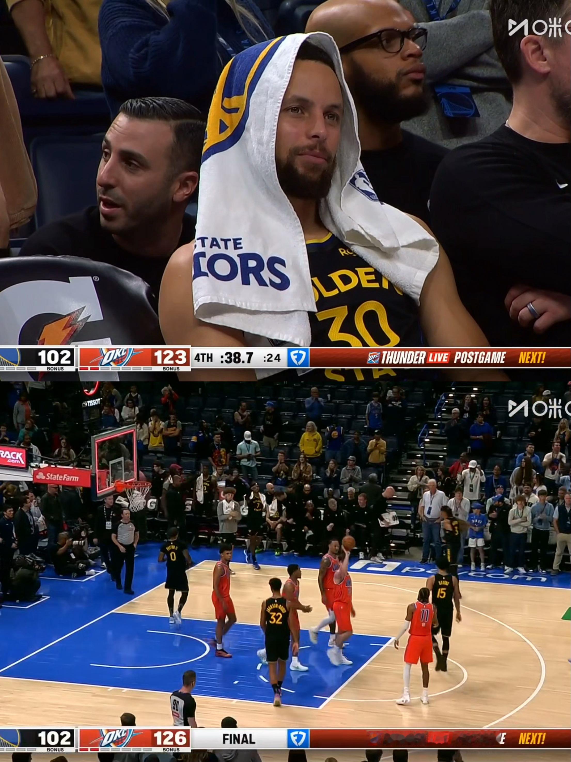 比赛结束，赛季初的争冠热门金州勇士102-126不敌雷霆。库里11分、格林3分，