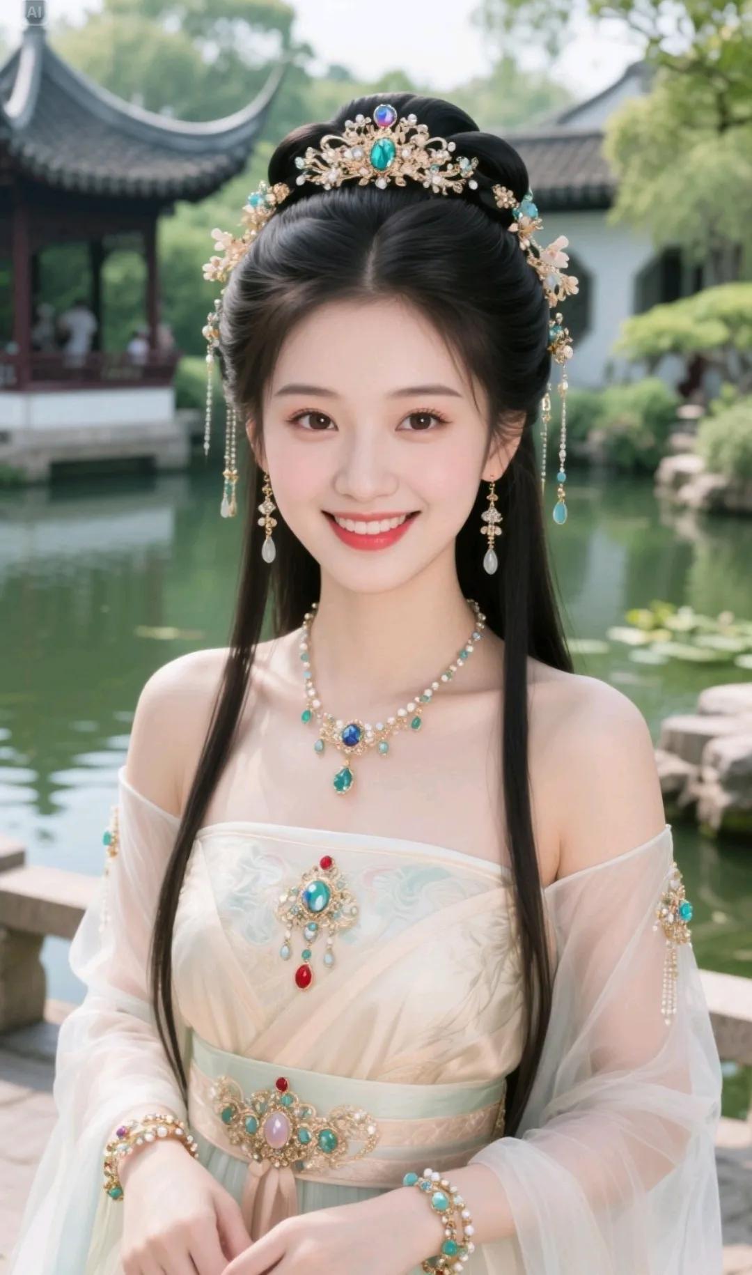 穿越时空的古典美人，在江南水乡的柔美中绽放光彩。