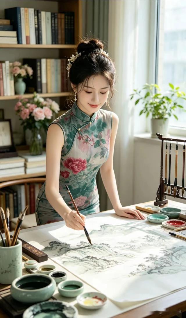 居家无聊耍笔墨，
淡染青山碧水波。
纤指轻挥芬芳秀，
丹青写意纸上落。