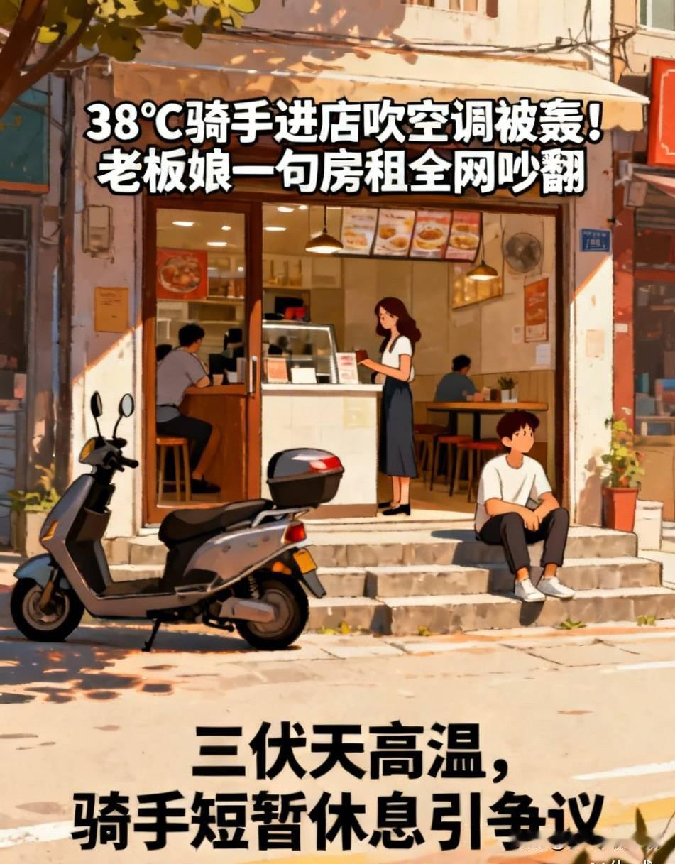 38℃骑手进店吹空调被轰！老板娘一句房租全网吵翻

三伏天温度飙升38度，户外像