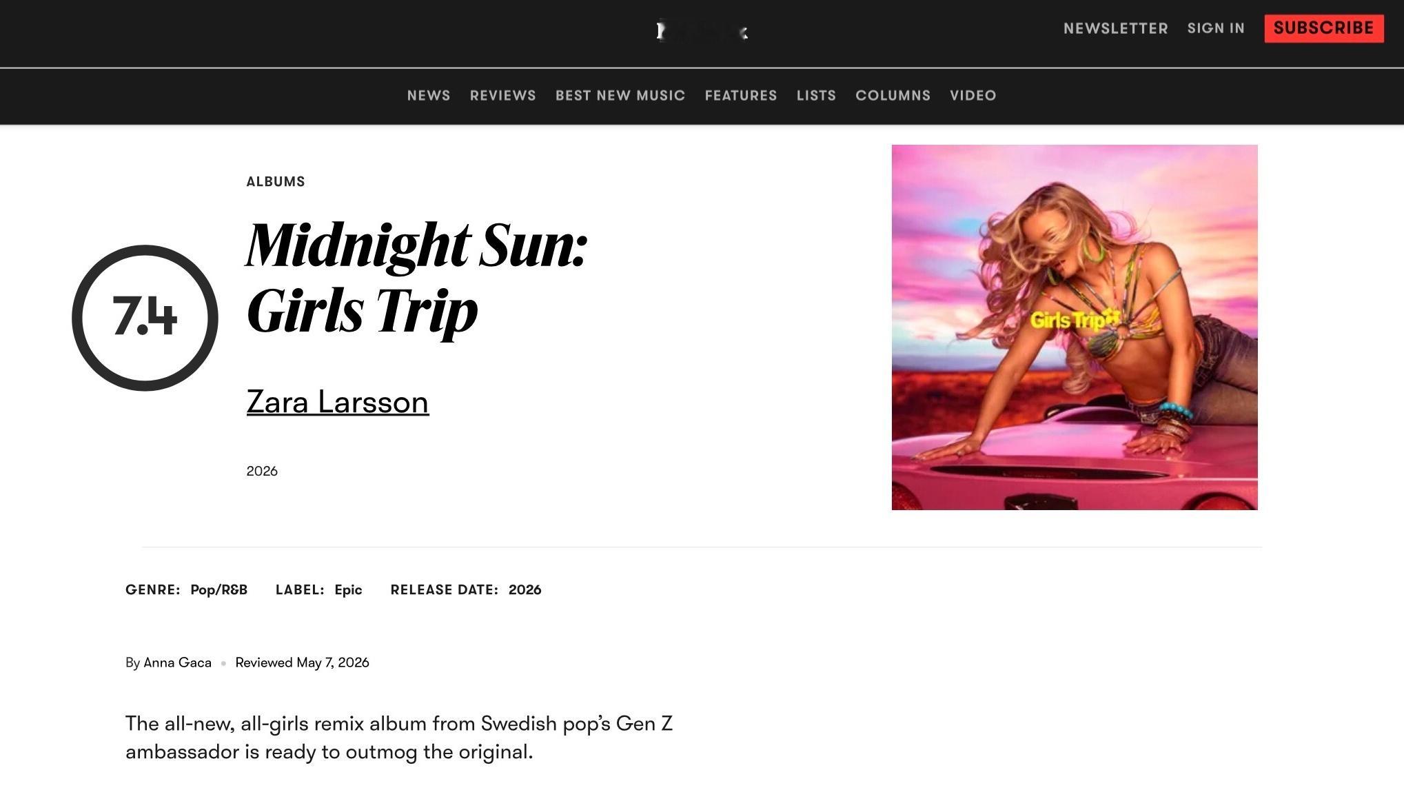 【乐评历史】乐评机构 Pitchfork 为 Zara Larsson 专辑评分