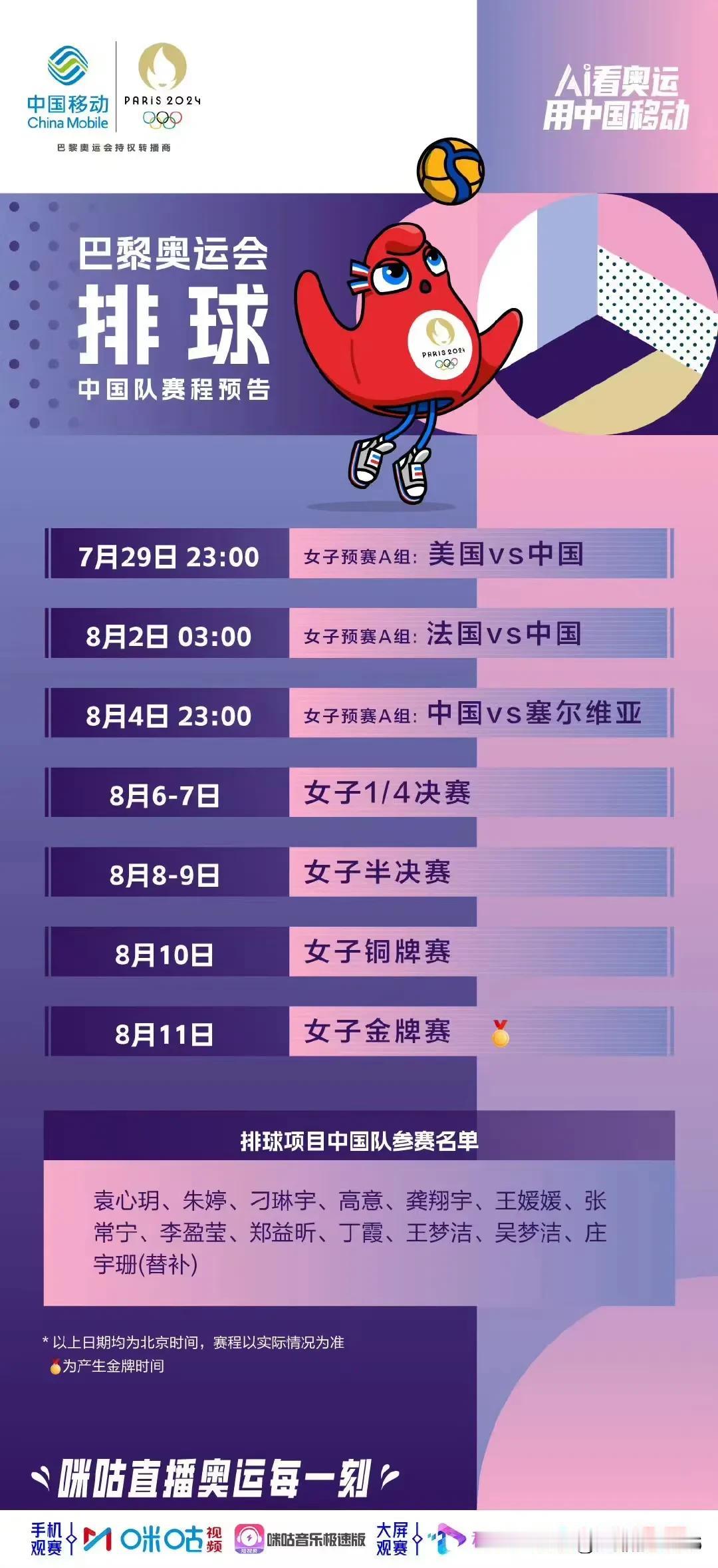 巴黎奥运会中国队赛历之女排
       咪咕视频为中国奥运健儿制作了各项赛事哦