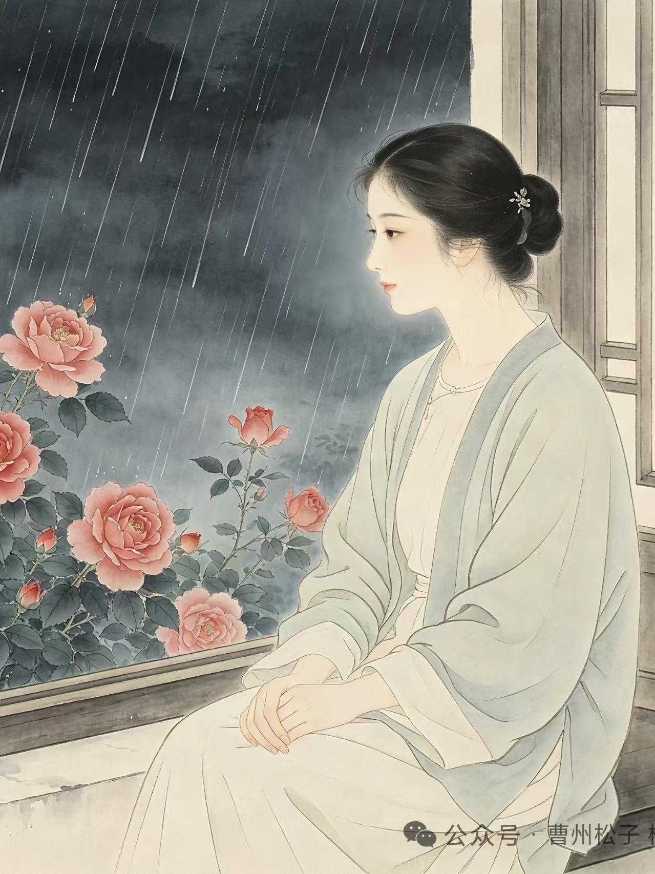 捣练子·听雨独处
敲夜雨，静幽庭，
带露蔷薇秀色清。
独守尘心抛俗事，
闲随清风