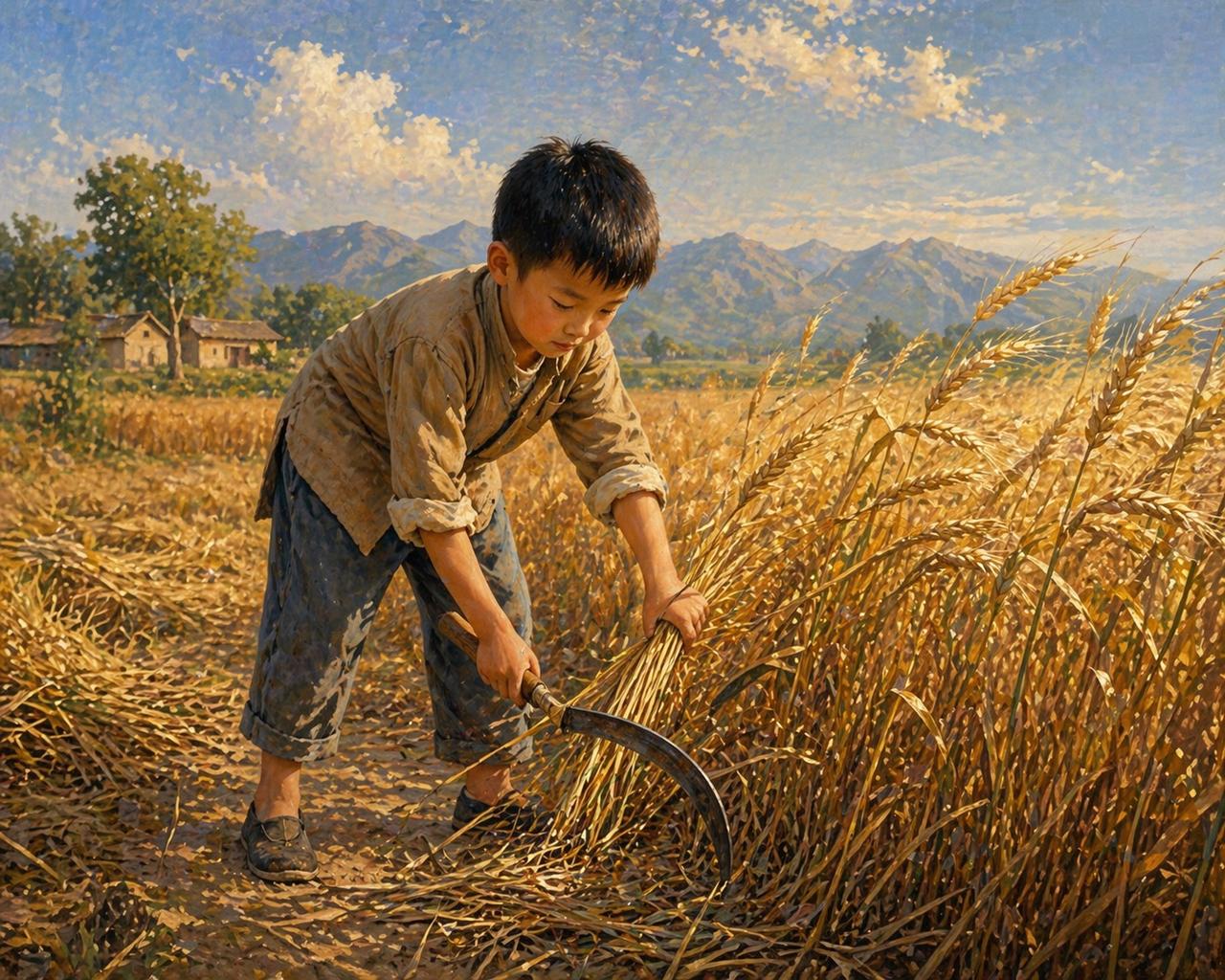 GPT image2 画的。指令是：一个八岁的小男孩用镰刀割麦子。